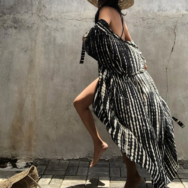 

Women Long Kimono Cardigan Irregular Tie-Dye Striped Swimsuit Cover Up Blouse