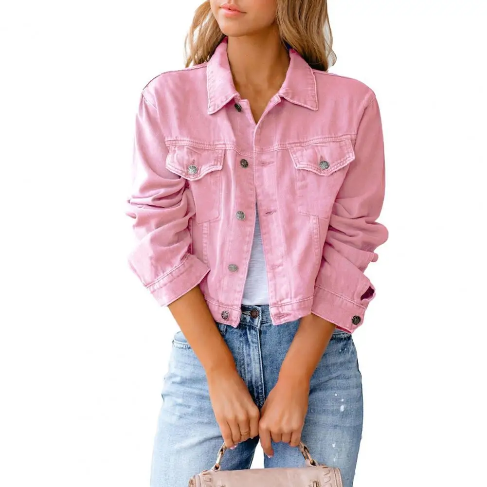 

Winter Women Denim Jacket Turn-down Collar All Match Short Long Sleeve Solid Color Single Breasted Denim Jacket casaco feminino