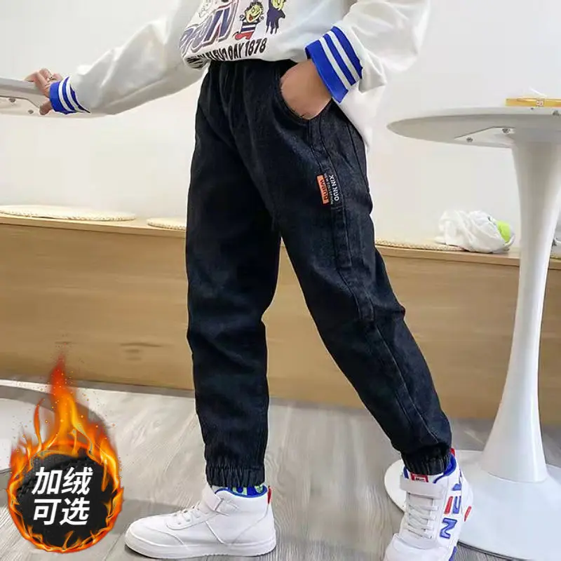 

Boys Jeans Spring Autumn Casual Pants Winter Sports Velvet Pants Children's Fashion Letter Print Trousers Kids Denim Pants 4-14Y