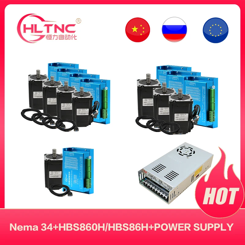 

HLTNC 3 4 Axis Nema34 4.5N 8.5N 12N Closed Loop Stepper Motor Kit + HBS860H/HBS86H DC Motor Driver + 400w60v CNC Power Supply