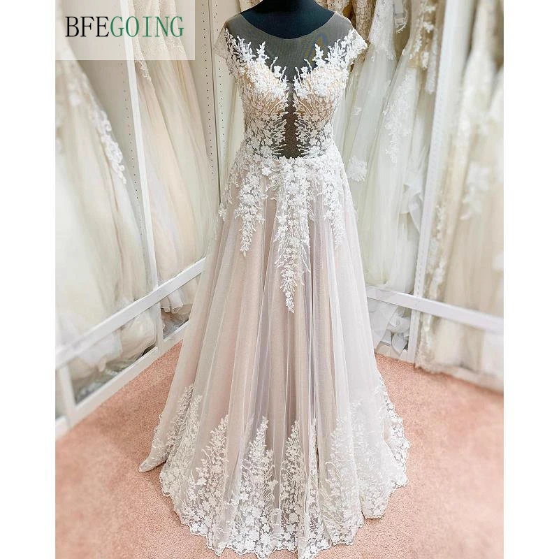 

Champagne Satin Tulle Lace Scoop Floor-Length A-Line Wedding Dresses Chapel Train Sleeveless Bridal Gowns Custom Made