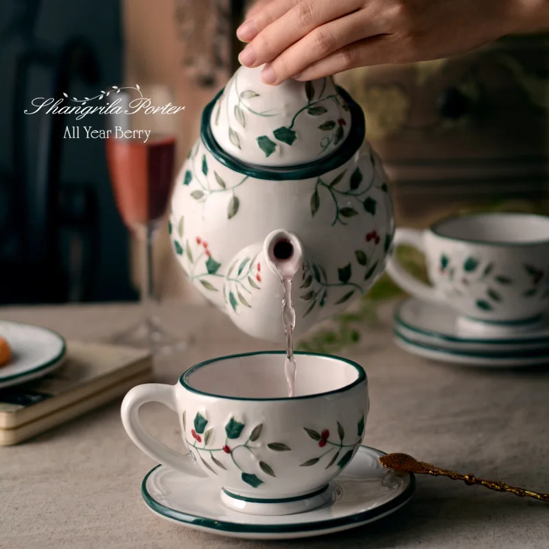 

European Style Tea Sets Embossed Berry Tree Pattern Coffee Set and Pot Creative Design