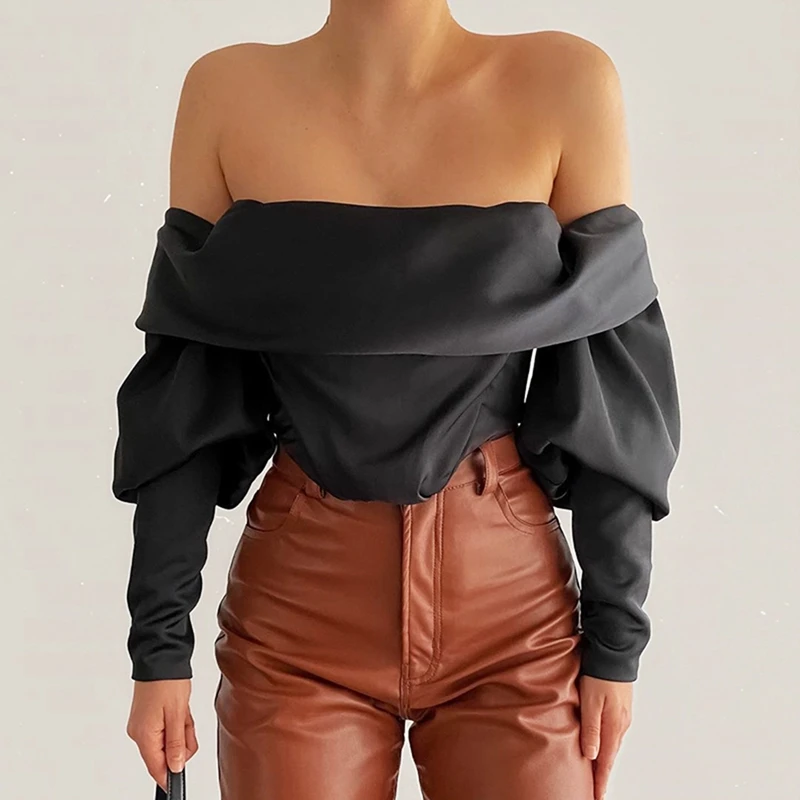 

Women'S Sexy Fashion Off Shoulder One-Word Neck Folding Pile Pile Sleeve Long Sleeve Short Crop Top Black
