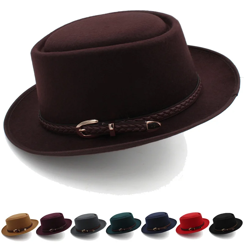 

Men's top hat women's knitted British jazz hat autumn stage winter performance woolen belt flat top black felt hat