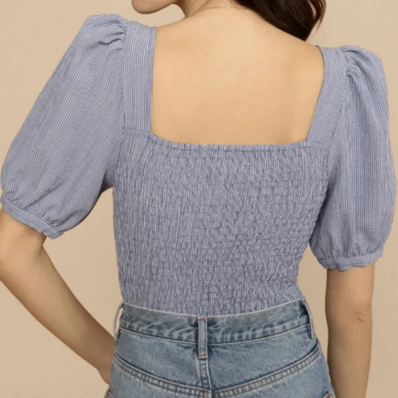 

Plaid square collar women shirt tops puff sleeve slim casual wild lady blouse 2021 new
