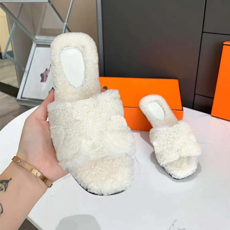 

Женские шлепанцы на плоской подошве, брендовые дизайнерские шерстяные Плюшевые Пушистые Теплые Мягкие Шлепанцы для дома, удобная домашняя ...