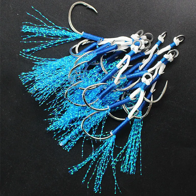 20pairs/Lot Jig Lure Assist Hook Double Barbed Assist Hooks High Carbon Steel Blue Feather Fishing Lure pesca Slow Jigging Hooks enlarge
