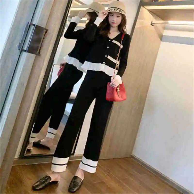 

Осенне-зимний женский спортивный костюм, изящный однобортный трикотажный топ и длинные брюки с эластичным поясом, комплект из 2 предметов