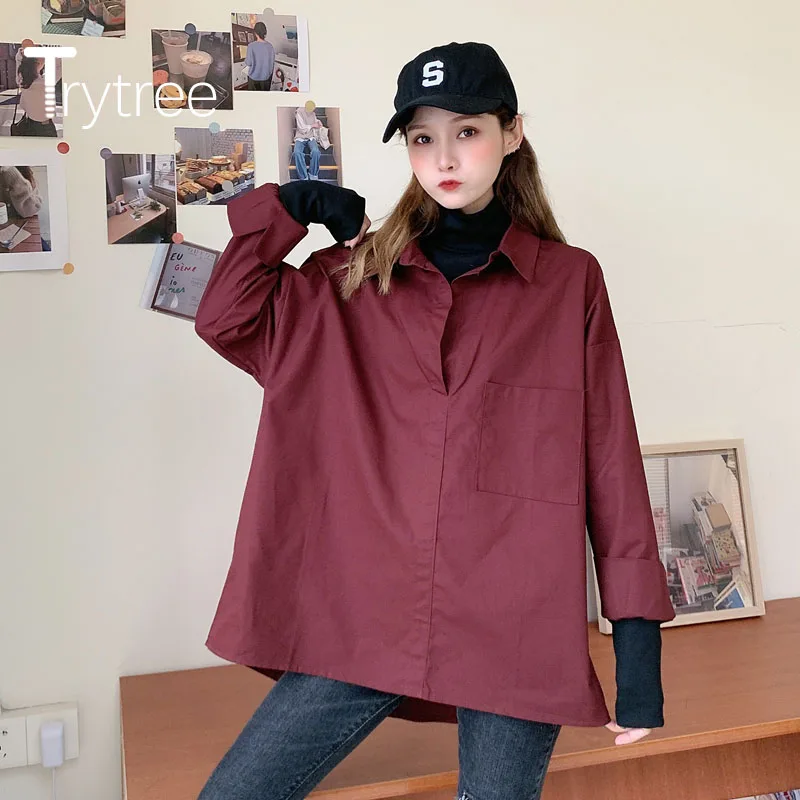 

Trytree 2020 Autumn Woman Casual Blouse Turn-down Collar Single-breasted Solid 2 Color Pockets Loose Oversize Blouse Tops