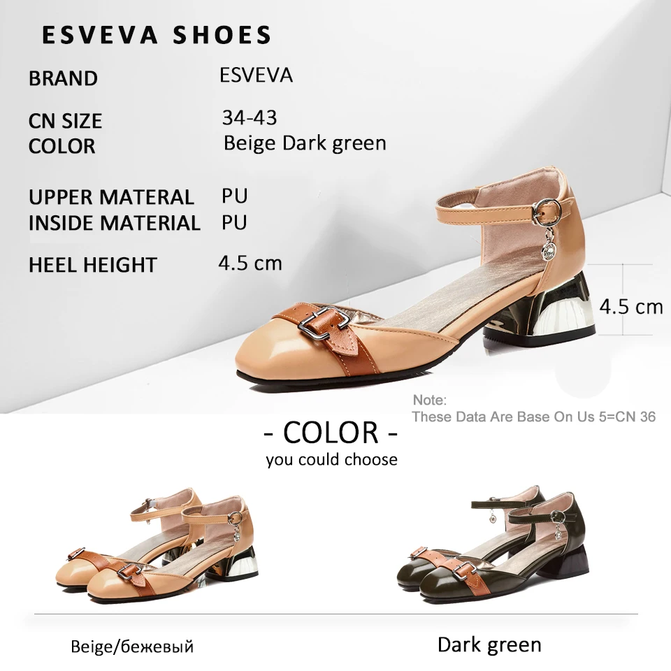 

ESVEVA 2017 Women Pumps Square Heels Western Style Spring and Autumn Mixed Color Buckle Strap Med Heels Ladies Shoes Size 34-43