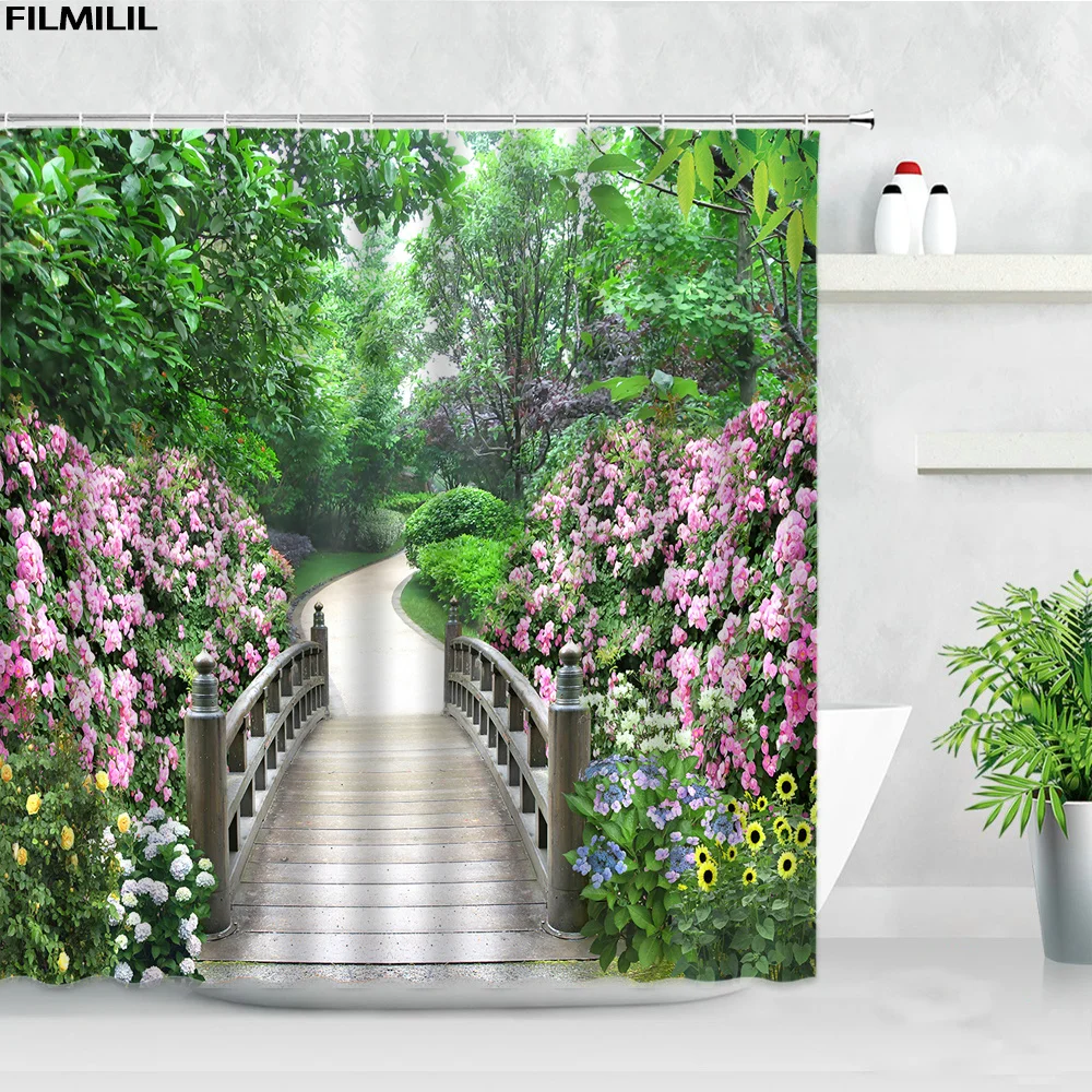 red flowers blue greek door with a sea view on island shower curtains waterproof fabric bathroom curtain set home bathtub decor free global shipping