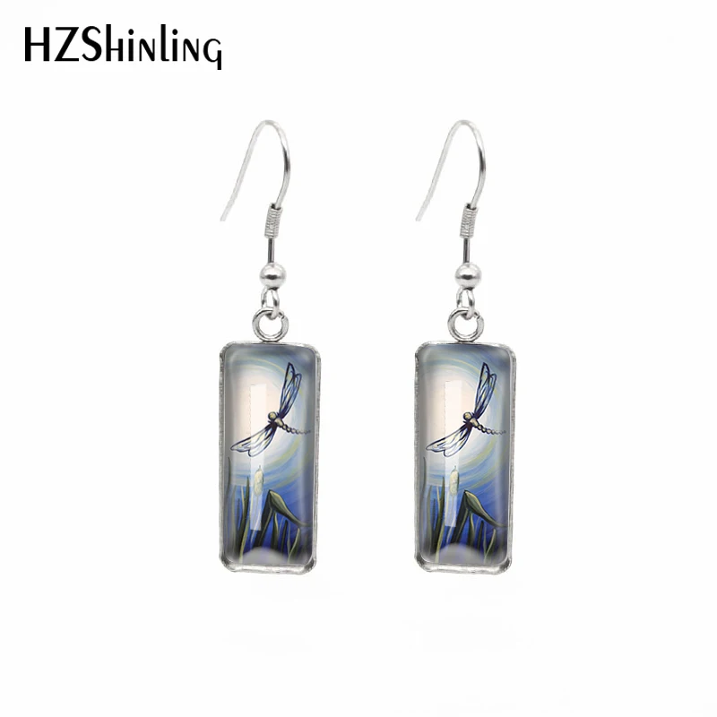 

Новинка 2021, прямоугольные серьги в виде стрекозы с кошачьими хвостами, серьги с художественным узором и крючком для рыбы, стеклянный кабошо...