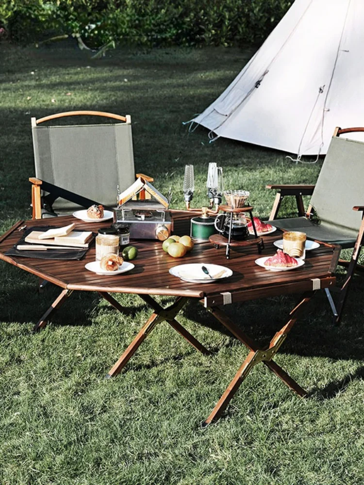 

Thous Winds outdoor solid wood octagonal egg roll table camping picnic oversized folding table black walnut teak table