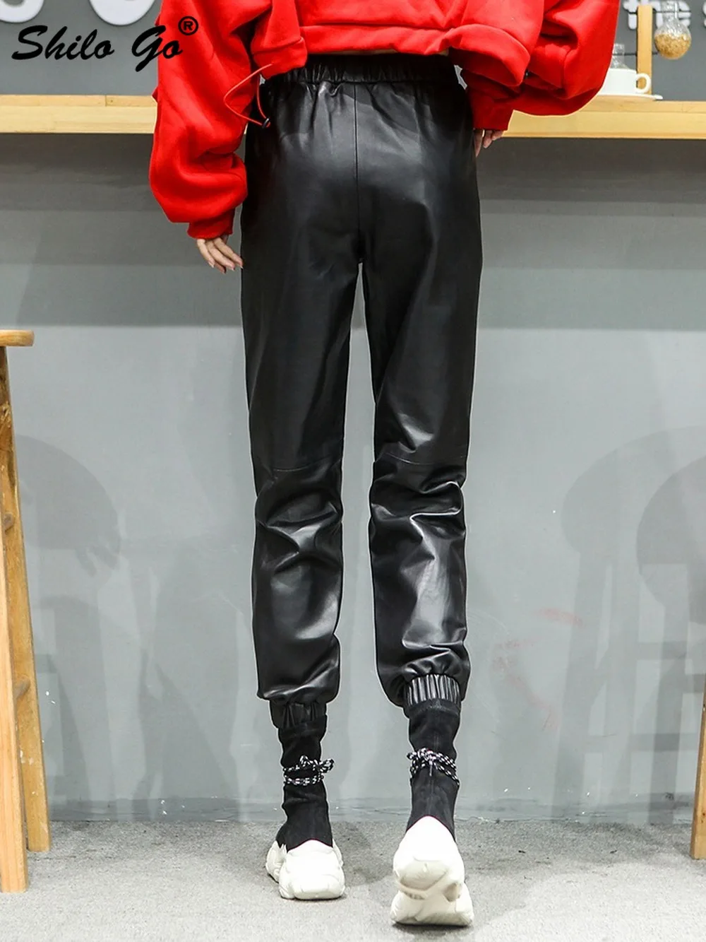 

Casual Elastic Waist Pants Womens Winter Streetwear High Waist Genuine Leather Harem Pants Fashion Sheepskin Trousers Female