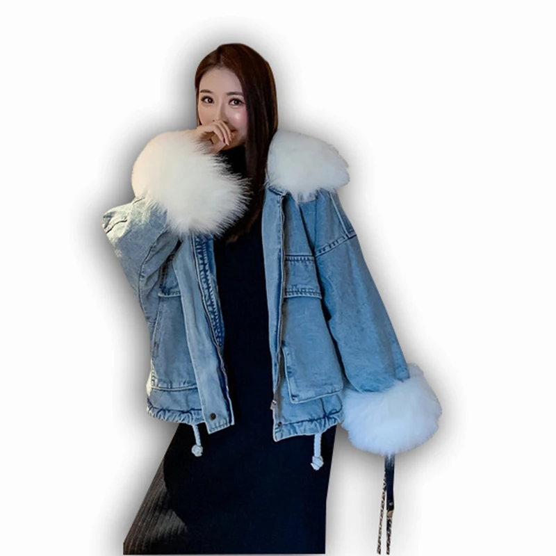 Женская джинсовая куртка Foxtermor винтажная зимняя из искусственного меха с длинным