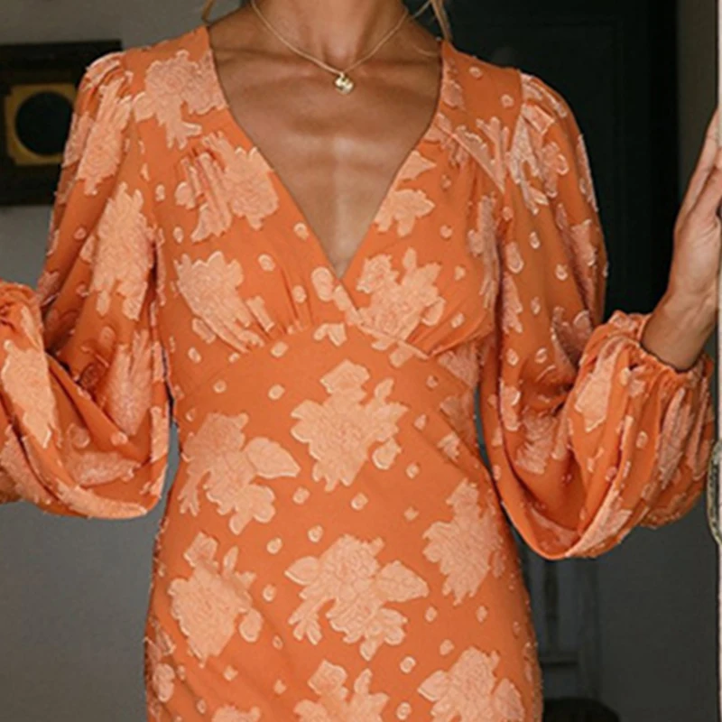 

Autumn Flower Print V Neck Slim Long Dress Orange Women Vintage Long Lantern Sleeve Female Dress Elegant Office Lady Vestidos