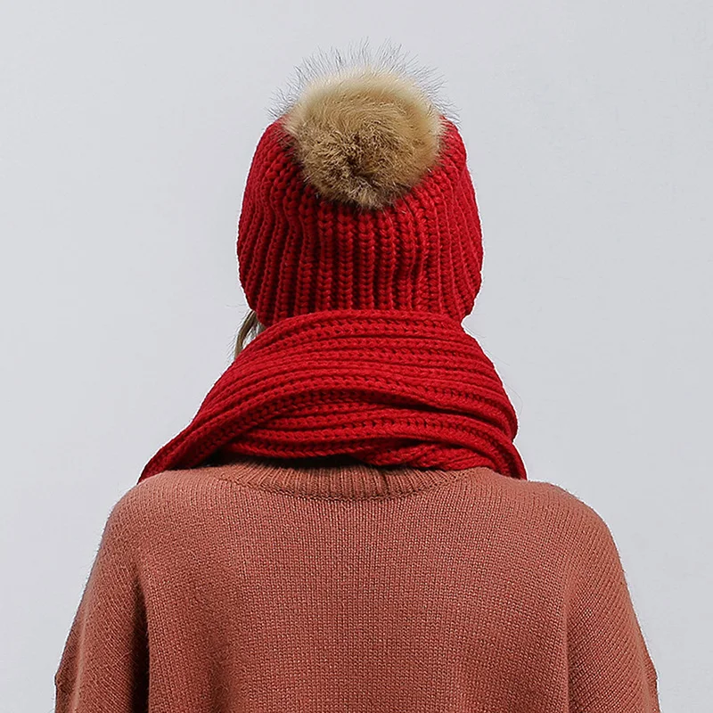 

Women Winter Knitted Hat Scarf Sets Fashion Women Fur Pompom Beanies Hat Thick Warm Female Knitted Scarves hat and scarf set