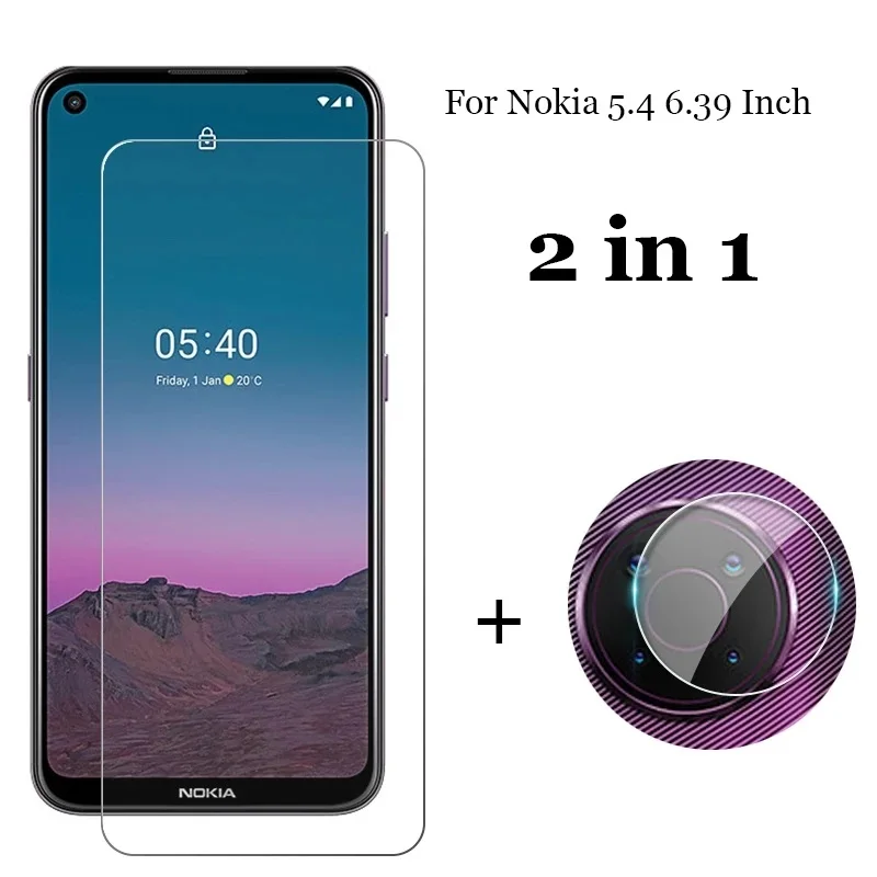 

Адаптер 2-в-1 для Nokia 5,4 6,39 "мягкая накладка на заднюю панель из волокна Камера объектив защитная пленка + Front 9H 2.5D закаленное стекло Экран проте...