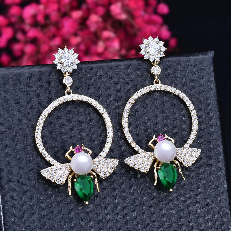 ANGELCZ милые большие круглые серьги-подвески с жемчугом в виде пчелы золотые