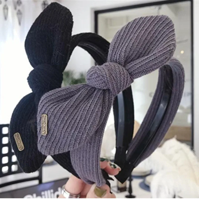 Повязка на голову женская шерстяная однотонная с бантом аксессуар для волос