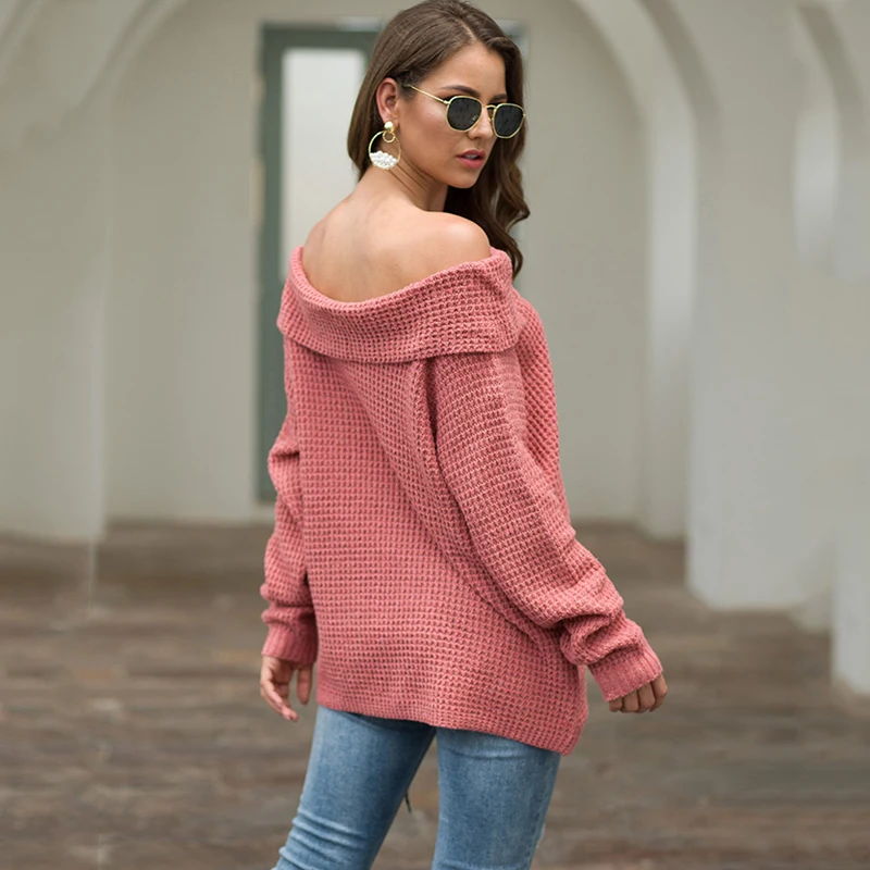 2019 Autumn Winter Off Shoulder Sweater Women Knitted Sweaters Ladies Warm Female Sexy Loose Black Pullovers | Женская одежда