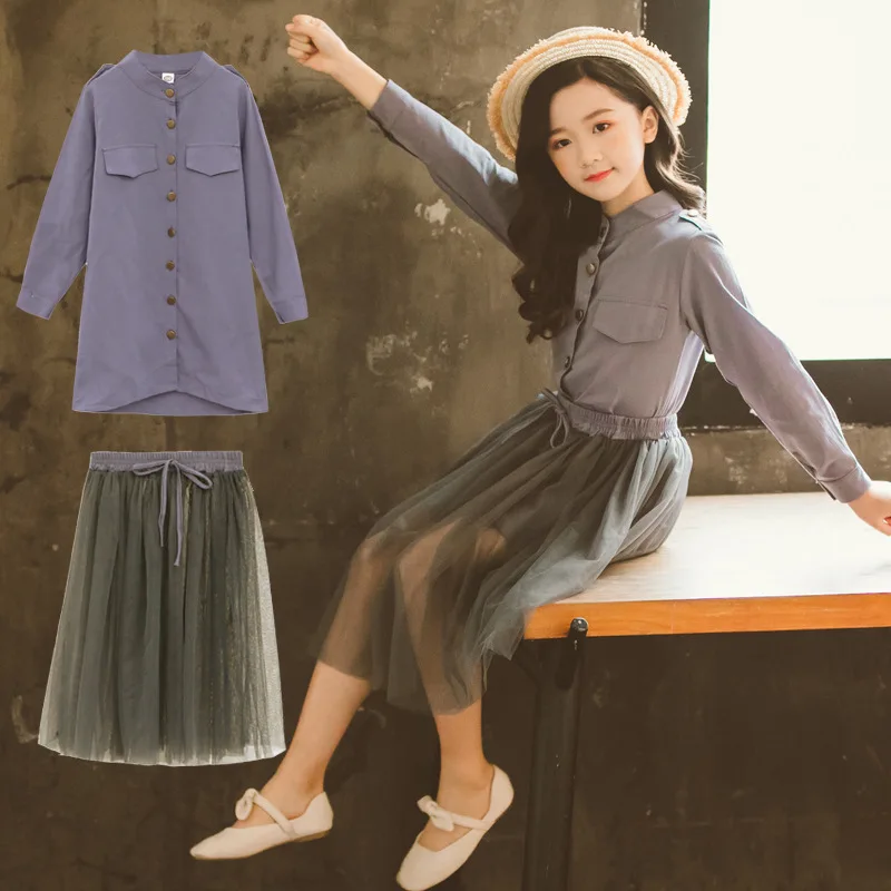 

Комплект одежды для девочек 4-14 лет, рубашка + юбка из фатина, комплект принцессы, однотонный, на весну