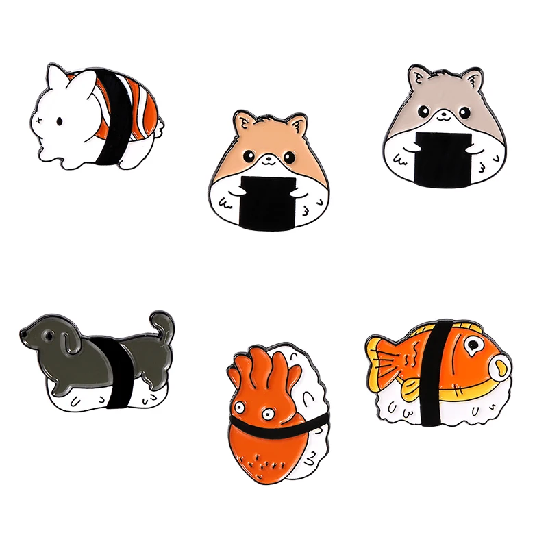 Sushi Rice Ball Animals Hard Enamel Pins Collect Funny Food Metal Cartoon Brooch Backpack Collar Lapel Badges Fashion Jewelry
