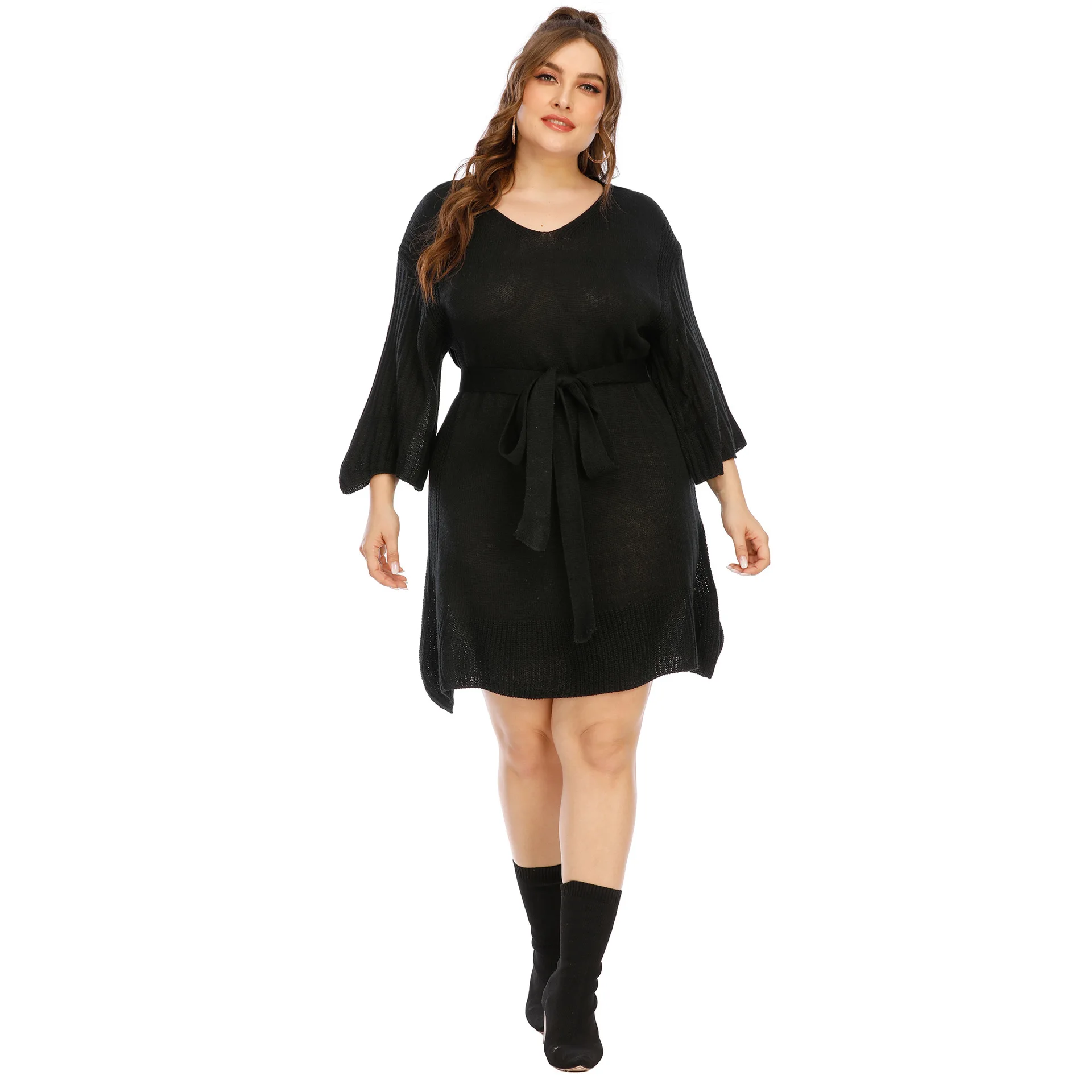 

Осенне-зимняя женская одежда, черное платье до колена с V-образным вырезом, платье-свитер с рукавами-фонариками и расклешенными рукавами, пл...