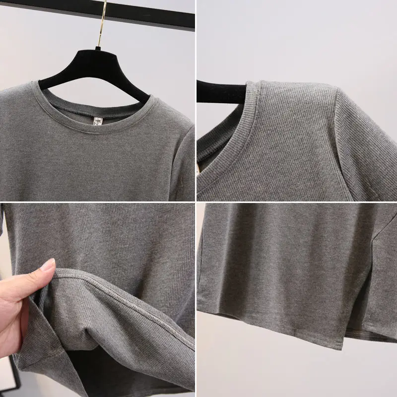 

European screw thread short sleeve T-shirt women's 2021 summer new design feeling half sleeve T-shirt with split hem Crew neck