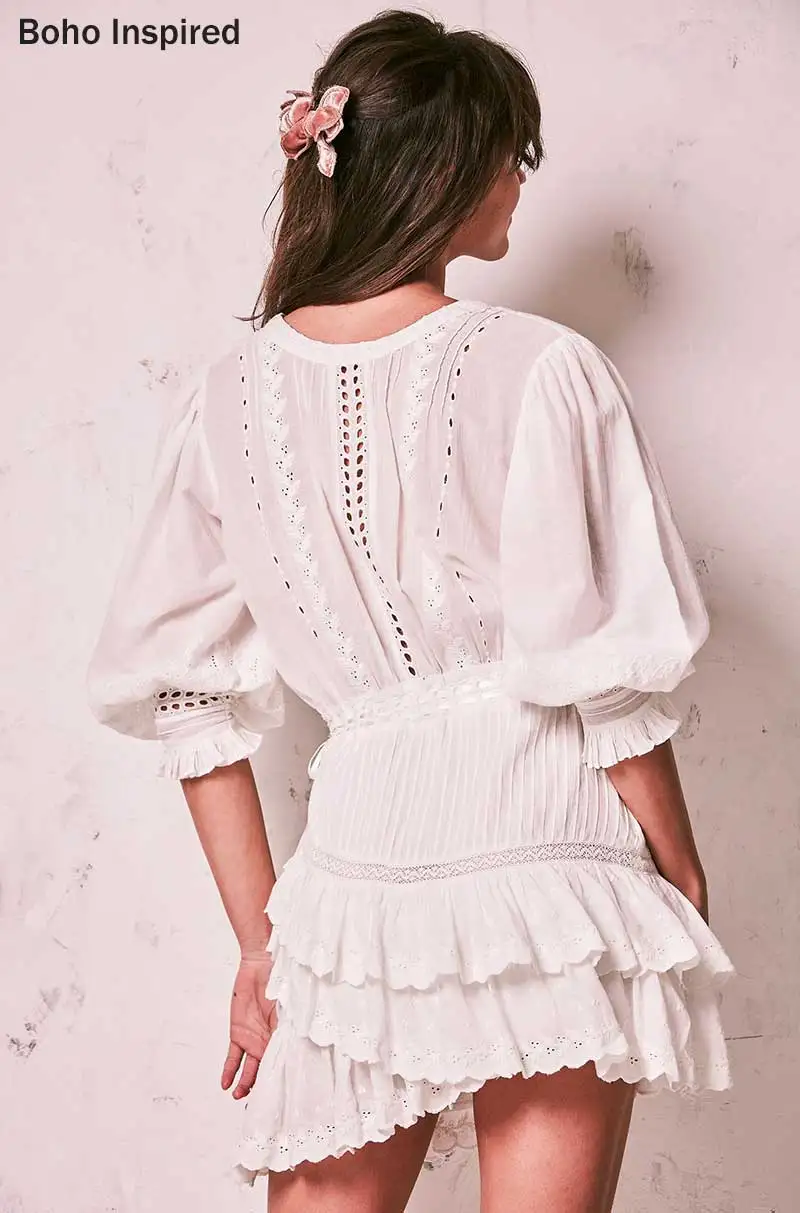 BOHO INSPIRED Lorelei tiered white party dress embroidery ruffle dress women O-neck lantern sleeve mini cotton boho dress