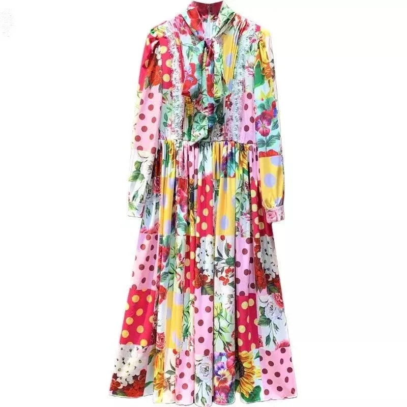 

CBAFU spring summer long sleeve bow collar flowers print dress women patchwork dot holiday vestidos runway party dresses M273