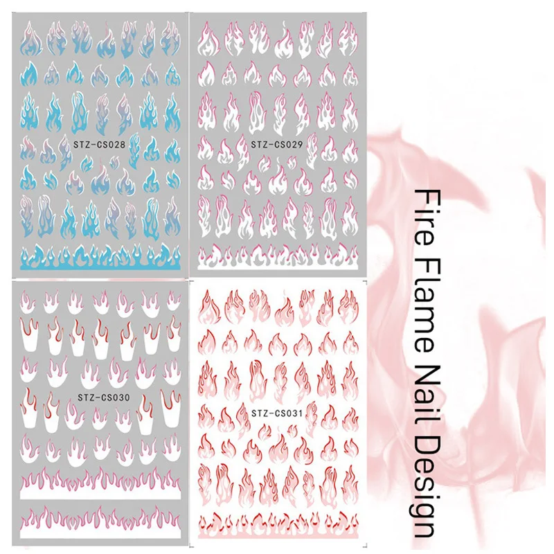 

Fire Flame Nail Art Stickers 3D Pink Black Design Adhesive Slider Foils Blue DIY Wraps Summer Decoration Decals