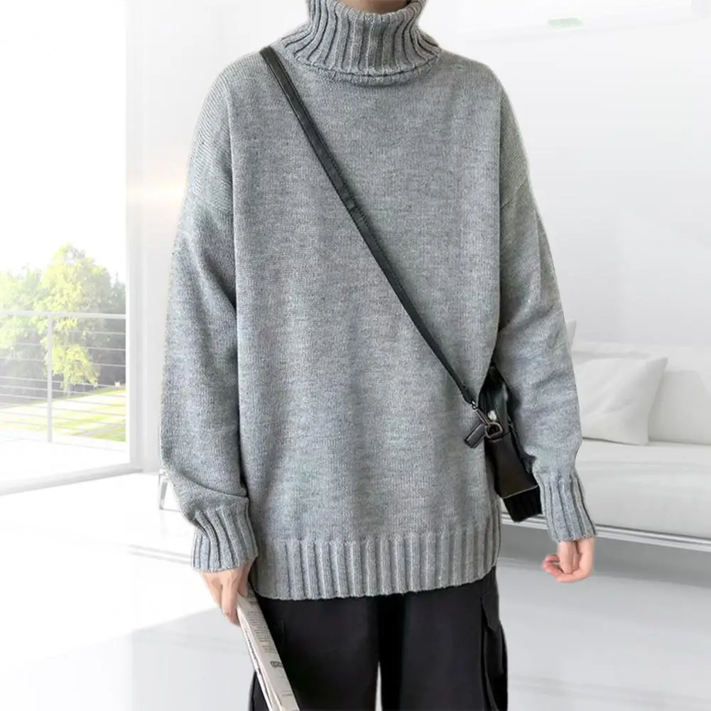 

High Collar Loose Men Sweater Solid Color Long Sleeve Turtleneck Pullover Warm Thick Knitted Casual for Work