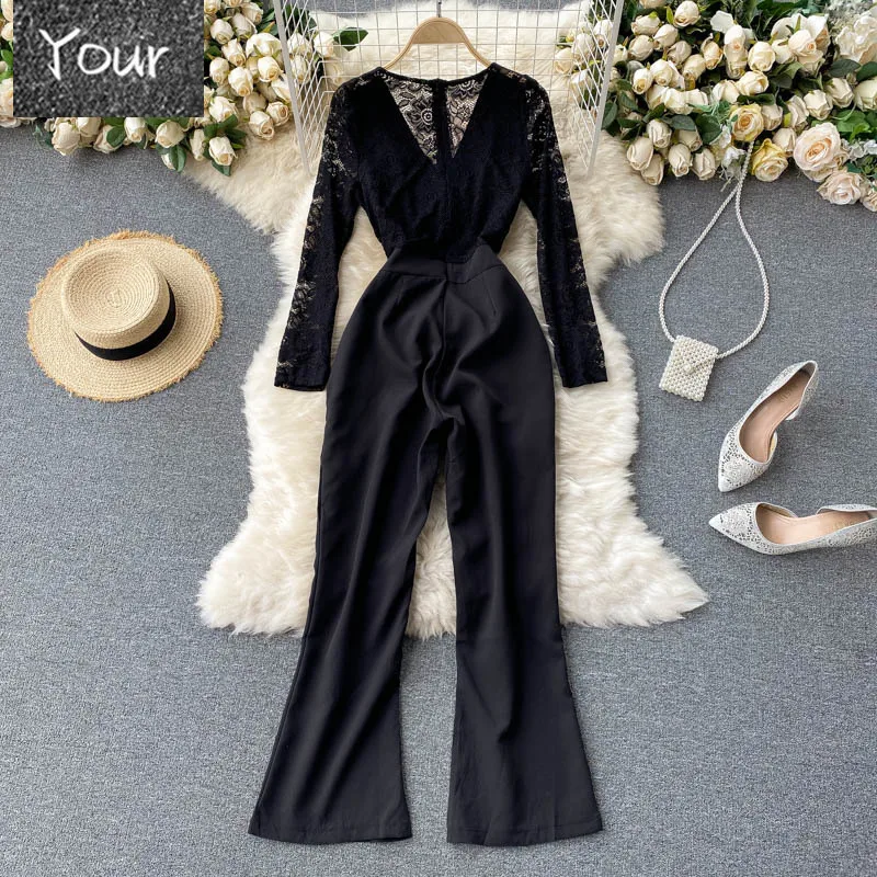 

Women Lace Patchwork Romper Black V-Neck See-Through Long Sleeve High Waist Wide Leg Playsuits Female 2021 Summer New Jumpsuits