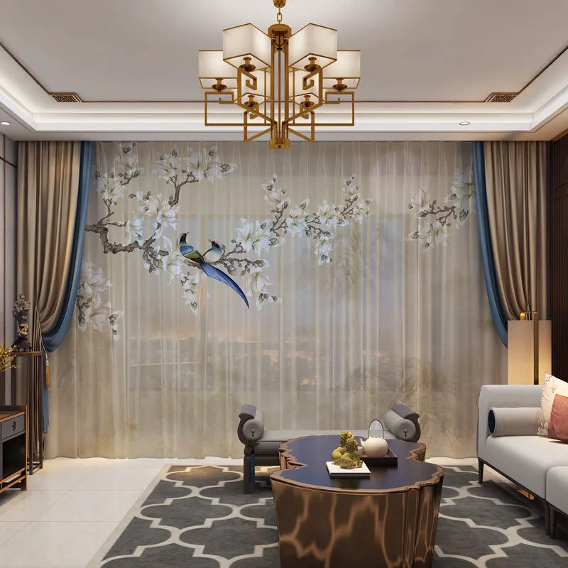 Custom Large 3d Curtain Floral Birds Chinese Style Curtains For Living Room Door Drape Panel Sheer Tulle | Дом и сад