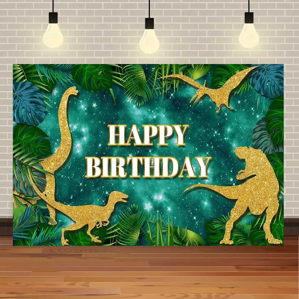 

NeoBack Happy Birthday Baby Shower Golden Dinosaur Rainforest Jurassic Party Banner Photo Backdrop Photography Background