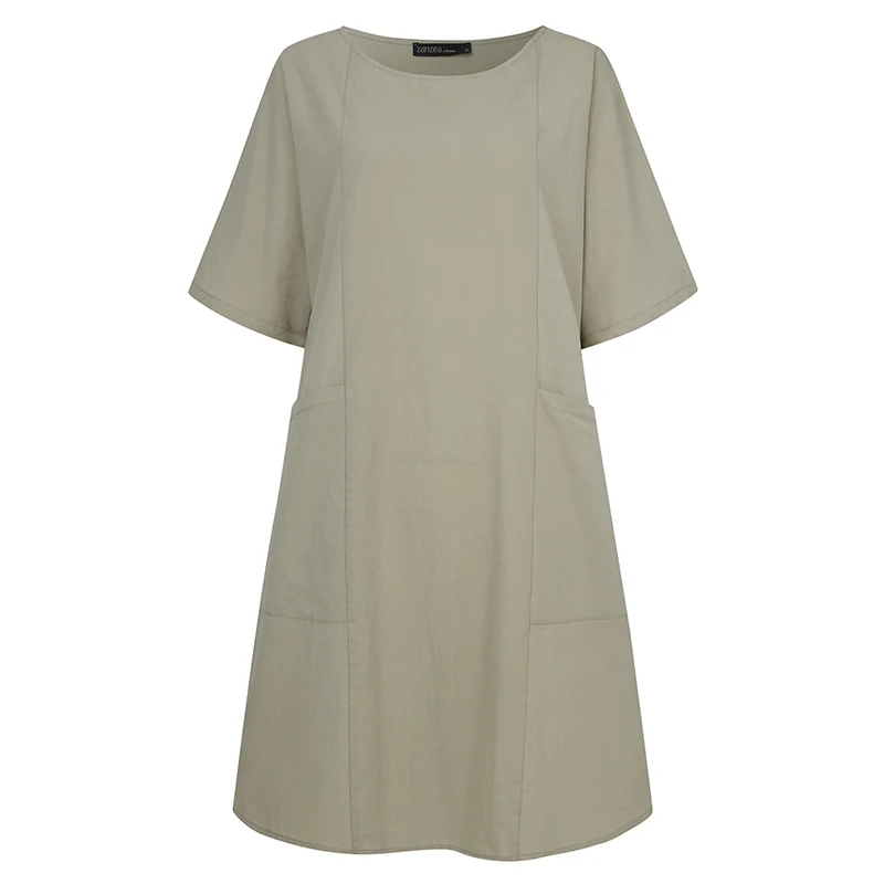 

Plus Size Women O neck Short Sleeve Blouse ZANZEA Vintage Solid Shirt Summer Cotton Tops Tunic Loose Casual Pockets Blusas Mujer