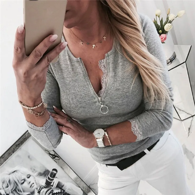 Модная женская Кружевная футболка Осенняя Повседневная тонкая футболка Femme элегантная женская облегающая футболка на молнии с v-образным вырезом и длинным рукавом Уличная