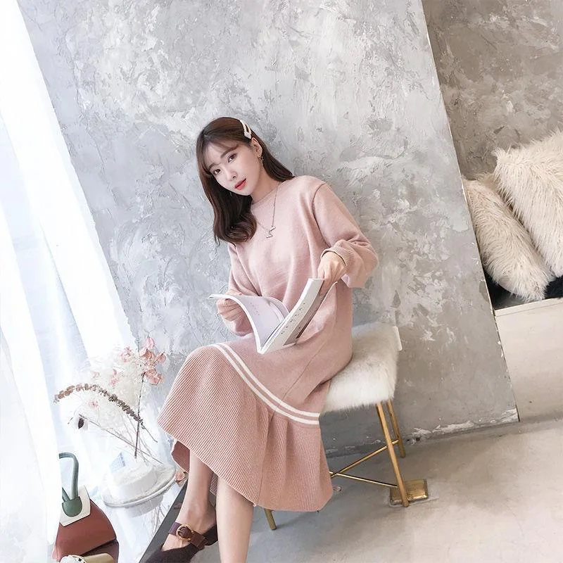 

2021 Autumn And Winter New Super Large Size Comfortable Warm Loose Padded College Style Ruffled Bottoming Sweater Skirt Ladies