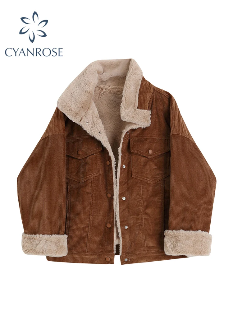 

Women Chic Corduroy Short Jacket Loose Warm Thickened Single Breasted Vintage Harajuku 2021 Winter Female Fashion Lamb Wool Coat