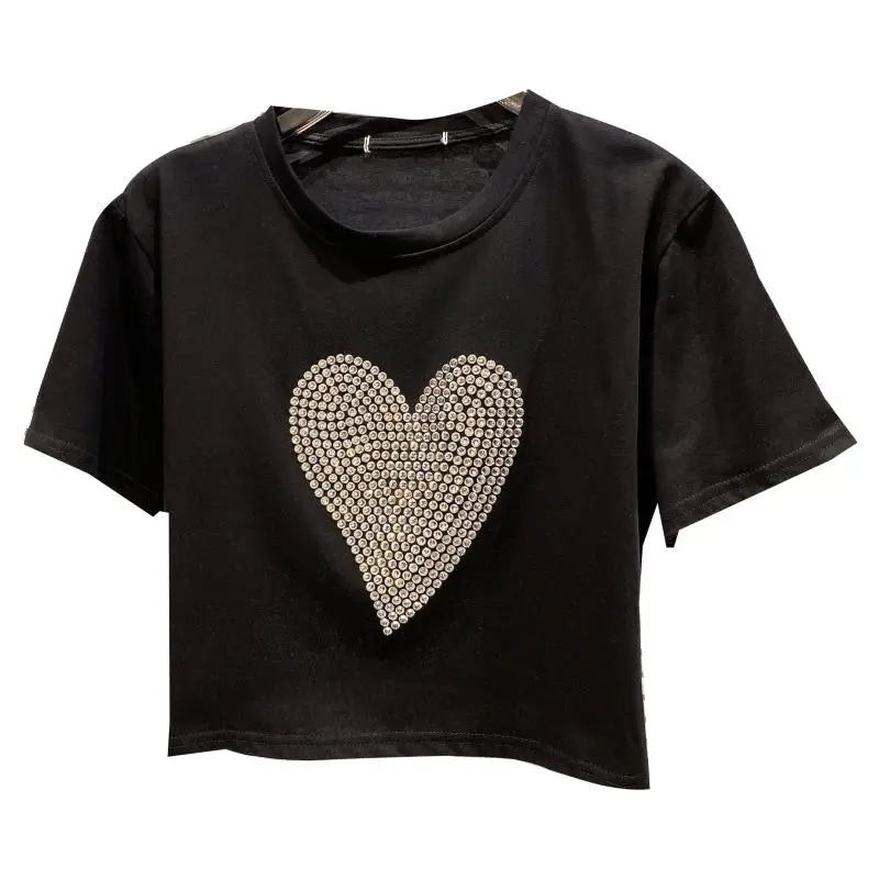 

2021 Summer New Large Heart Particle Rhinestone Shiny Elegant Small Short-Sleeved T-shirt for Women