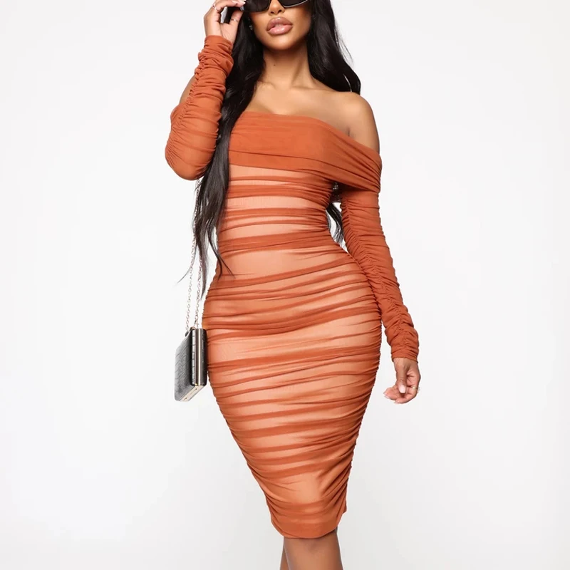 

New Slash Neck Long Sleeve Dress Autumn Winter Solid Slim Bodycon Midi Dress Off Shoulder Elegant Dress 2021 Sexy Party Dresses