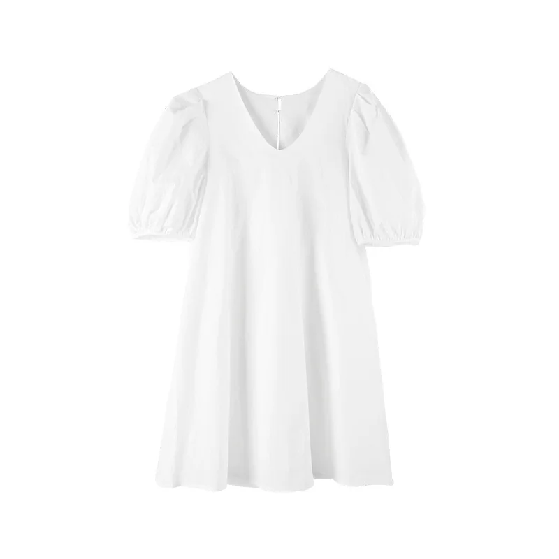 

Minimalism Cotton White Dress Women's Clothing Blue Orange V Neck Puffy Sleeves Loose Straight New One Piece Dresses Resort Wear