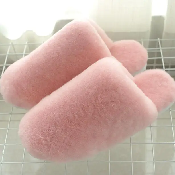 pink Зимние теплые меховые тапочки из натуральной овчины женская домашняя обувь Домашние тапочки Роскошные шерстяные тапочки женские повседневные Тапочки - Цвет: pink