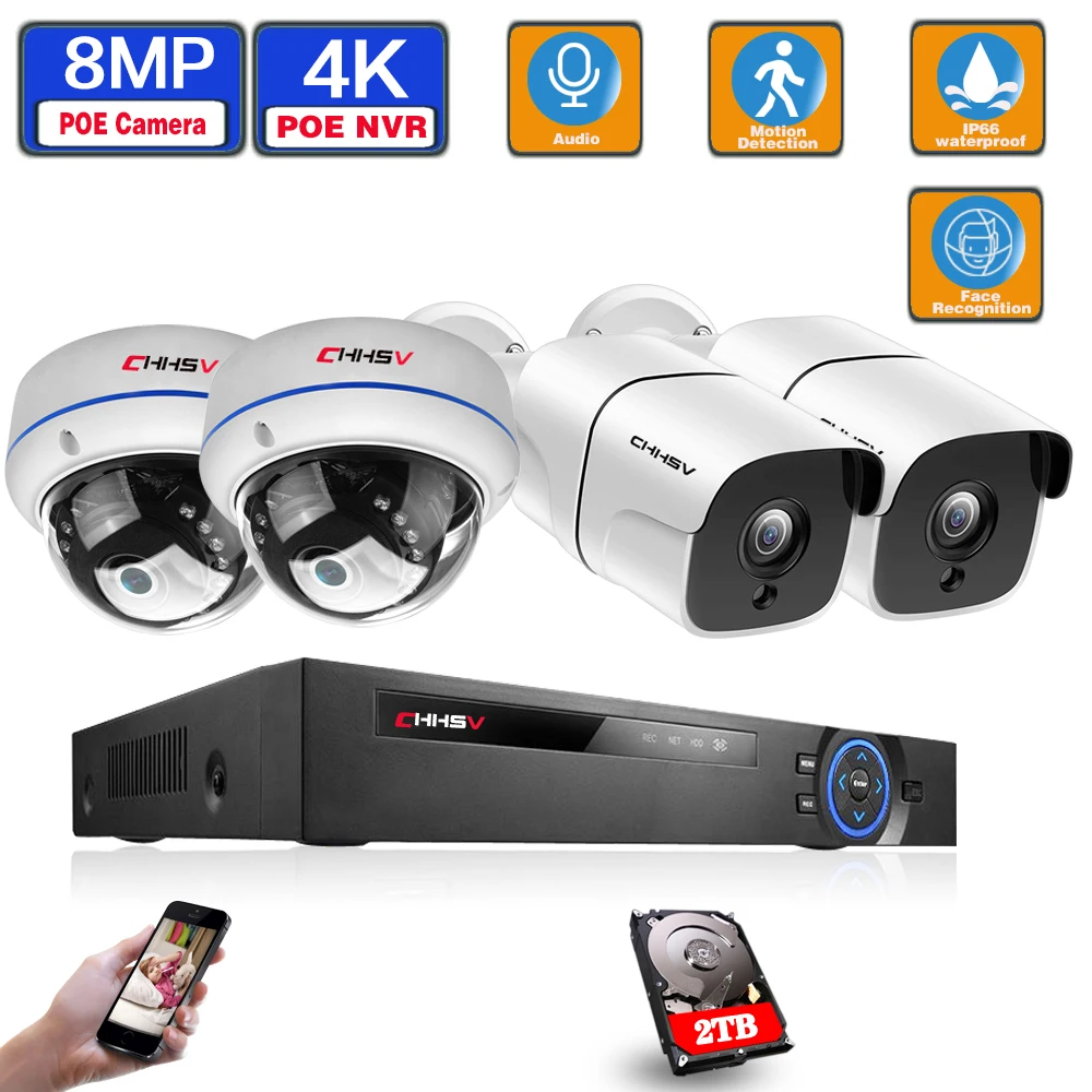 

4K Ultra HD 4CH POE NVR Kit H.265 CCTV IP Audio Camera Security System 8MP IR Outdoor Night Vision Video Surveillance Kits