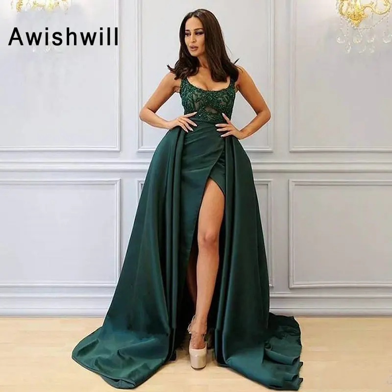 

Elegant Dark Green A line Formal Evening Dresses with Overskirt Scooped Appliqued Beading High Split Prom Dresses