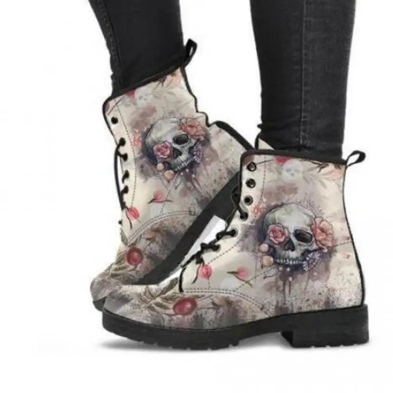 

Women Ankle Boots Low Heels Shoes Woman Vintage Pu Leather Autumn Warm Winter high Snow Boots Motorcycle Skull Pansy