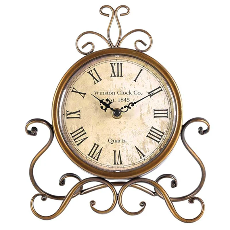 

Vintage European Style Iron Clock Desktop Mute Clock Metal Decoration Ornaments Exquisite Workmanship GR5