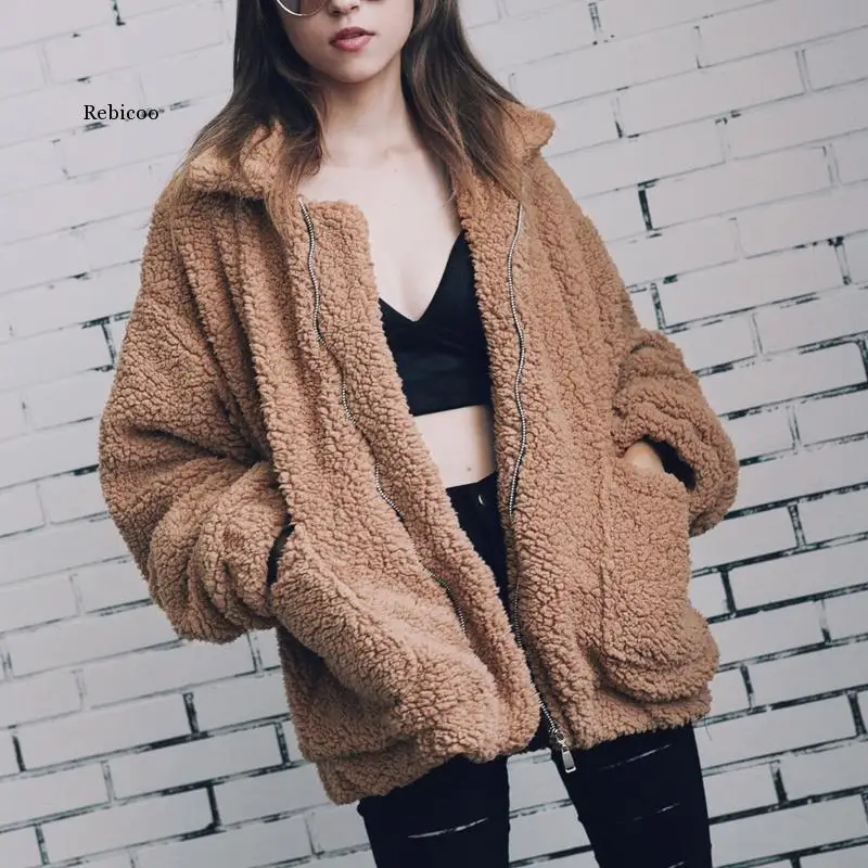 

Faux Fur Lambswool Coat Jacket Women Autumn Winter New Zipper Turn-Down Collar Outerwear with Pocket Casual Camel Hairy Overcoat