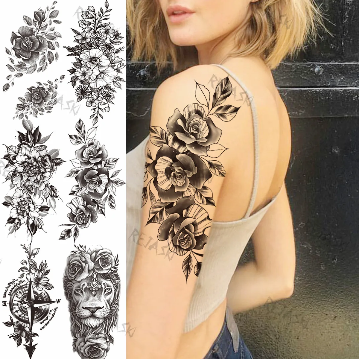 

Big Peony Flower Temporary Tattoos For Women Girl Compass Flora Lion Realistic Fake Tattoo Sticker Arm Sexy Water Transfer Tatoo